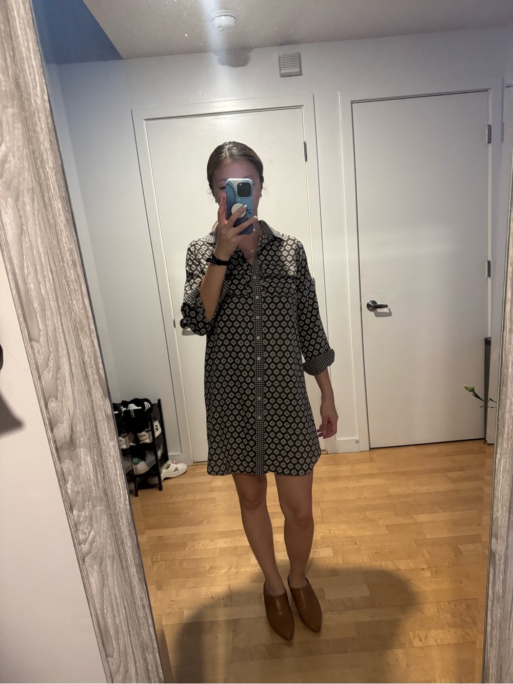 LOFT Printed Black and White Shirt Dress